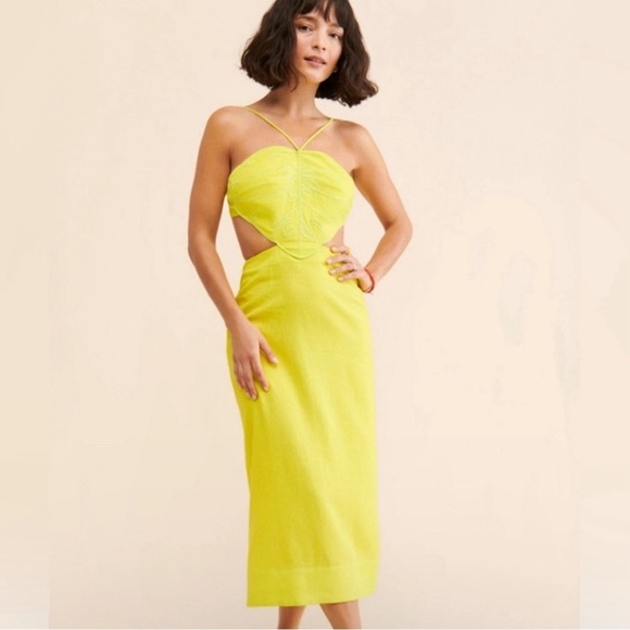 Farm Rio Monstera Midi Dress Maxi Linen Leaf Open Back Strappy Neon Highlighter - Picture 14 of 17